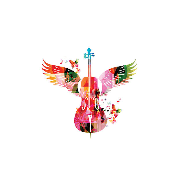 illustrazioni stock, clip art, cartoni animati e icone di tendenza di violoncello colorato con ali - sheet music music musical note pattern