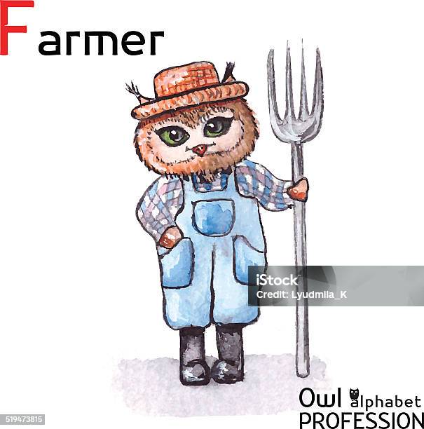 Alphabet Professions Owl Farmer Character Vector Watercolor Stock Illustration - Download Image Now