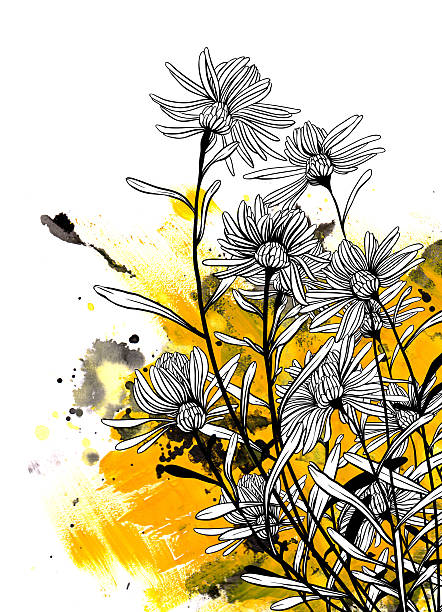 black and white flowers on grunge background vector art illustration