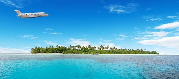 istock Airplane flying over nonsettled tropical island 519474302