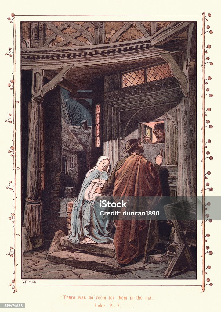 Mary and Joseph at the Inn Victoria illustration from the Story of the Holy Child, by Paul Mohn. There was no room for them in the inn. 1890 Virgin Mary stock illustration