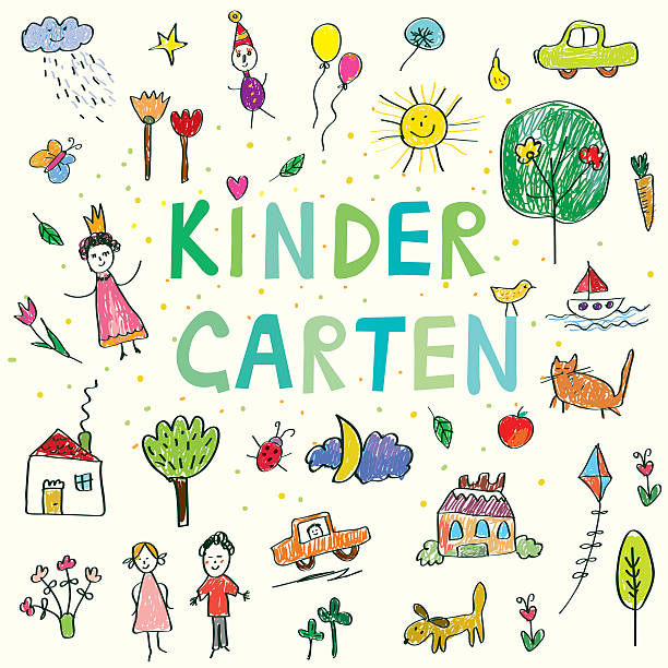 Kindergarten banner with funny kids drawing Kindergarten banner with funny kids drawing - vector design pencil art cartoons stock illustrations