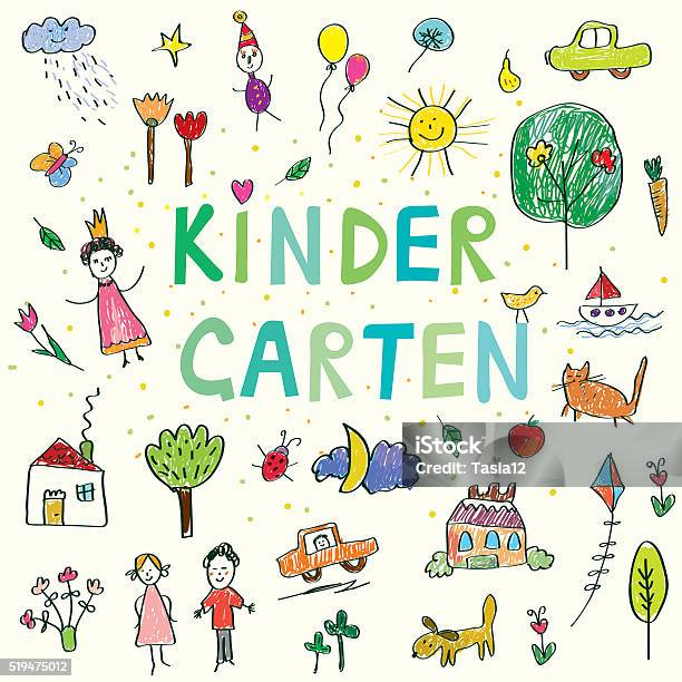 Kindergarten Banner With Funny Kids Drawing Stock Illustration - Download Image Now - Child, Drawing - Activity, Drawing - Art Product