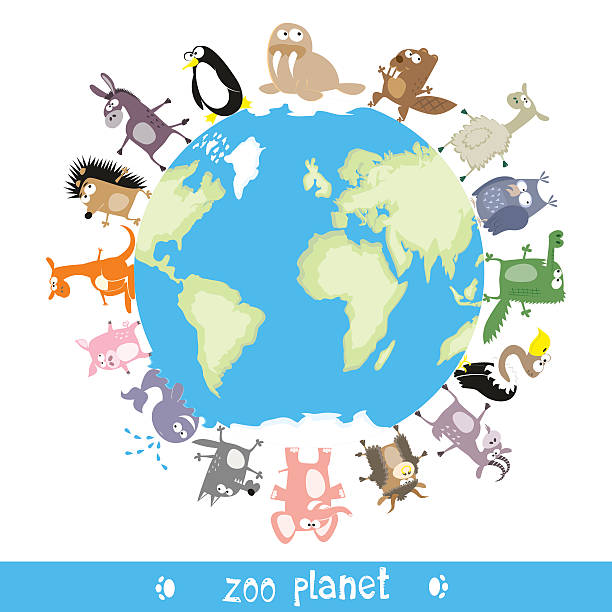 istock Zoo planet with cute animals drawing in funny cartoon style 519475054