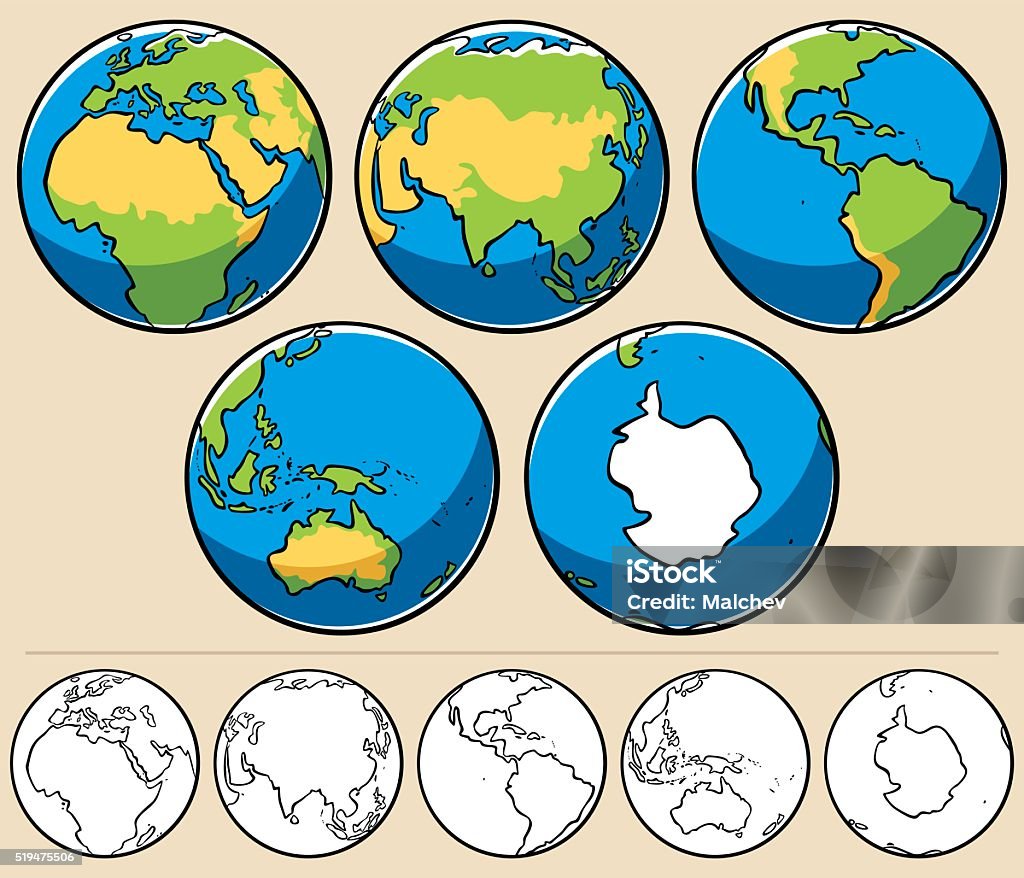 Earth Cartoon illustration of planet Earth viewed from 5 different angles. Below are the same globes uncolored. Globe - Navigational Equipment stock vector