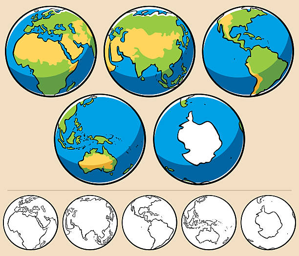 Earth Cartoon illustration of planet Earth viewed from 5 different angles. Below are the same globes uncolored. globe navigational equipment stock illustrations