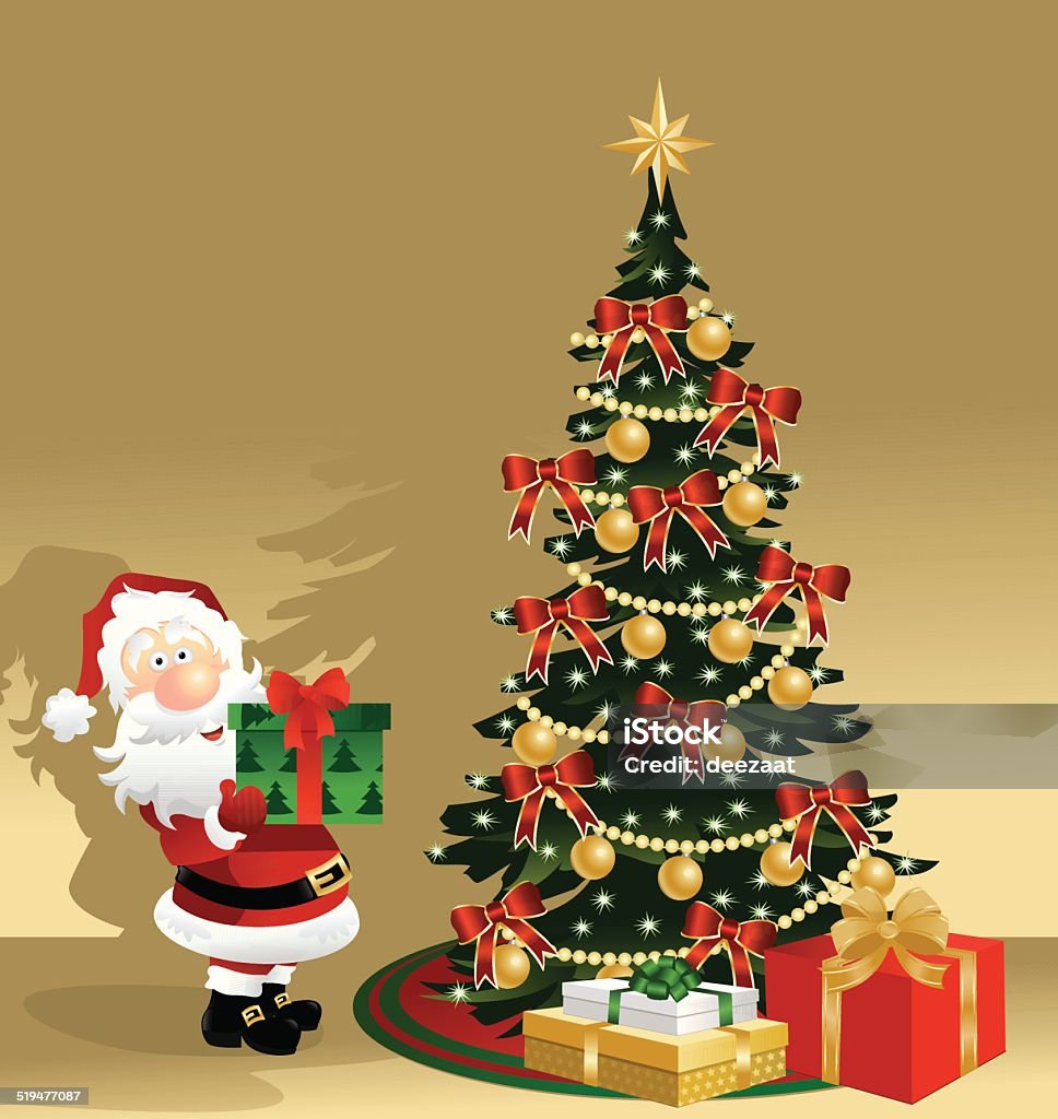 Santa and Christmas Tree Santa placing present under Christmas tree Christmas stock vector