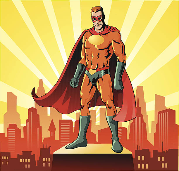 illustrazioni stock, clip art, cartoni animati e icone di tendenza di supereroe prima skyline della città - superhero human muscle men city