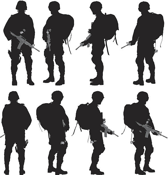 ilustraciones, imágenes clip art, dibujos animados e iconos de stock de diversas vistas de soldado - soldado ejército de tierra