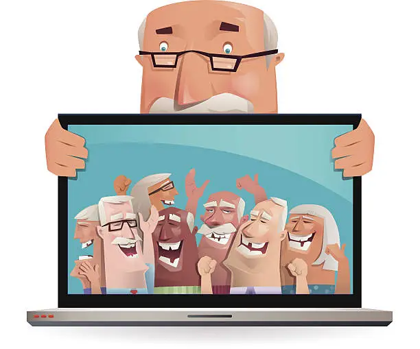 Vector illustration of senior adult gathering via internet...