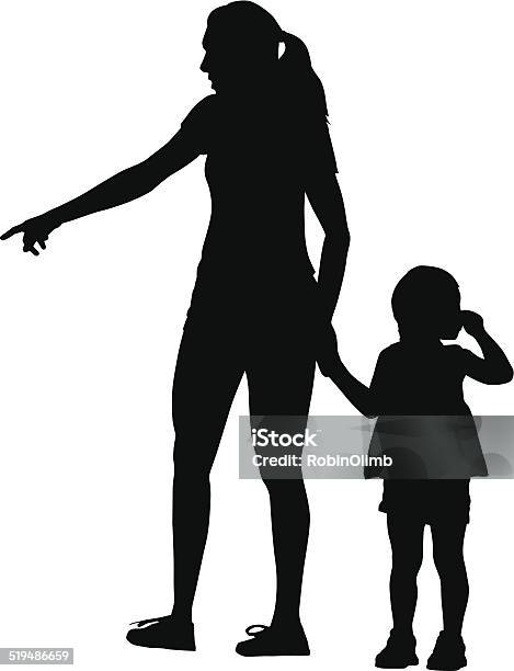 Ilustración de Señalando Madre Con Hija y más Vectores Libres de Derechos de Adulto - Adulto, Agarrados de la mano, Blanco y negro