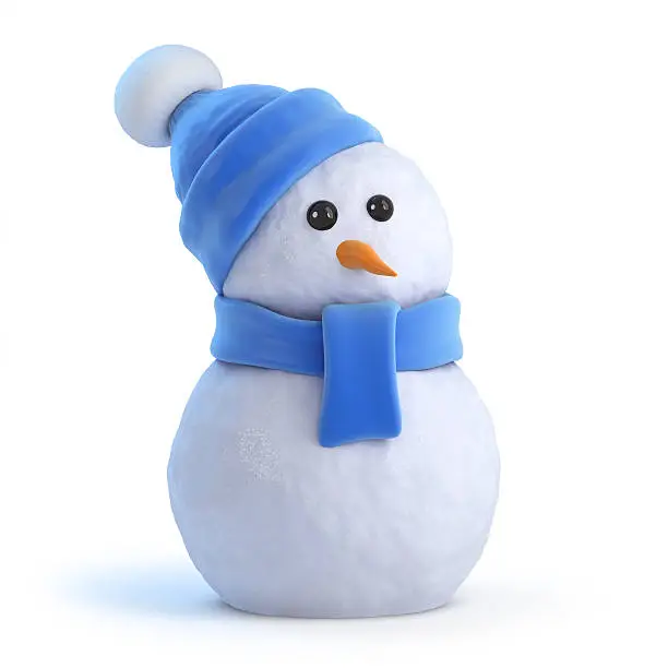 3d render of a snowman wearing a blue woolen hat and scarf
