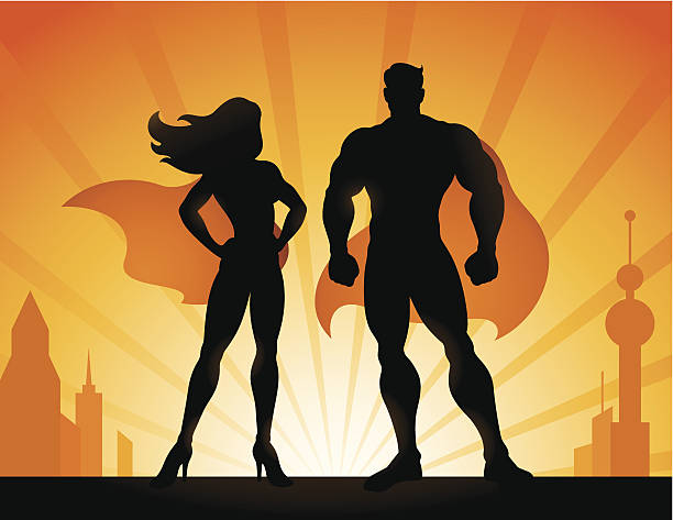 Superheroes Man and woman superheroes body building stock illustrations