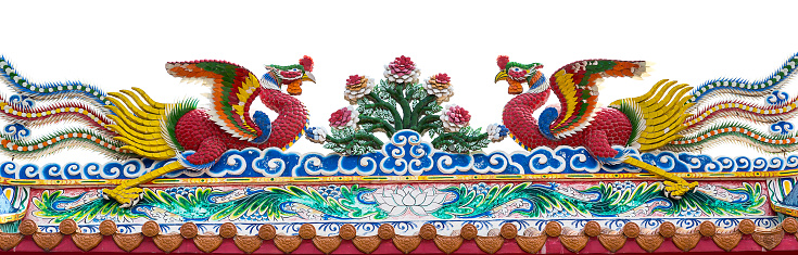 twin phoenix birds on chinese temple roof in white background