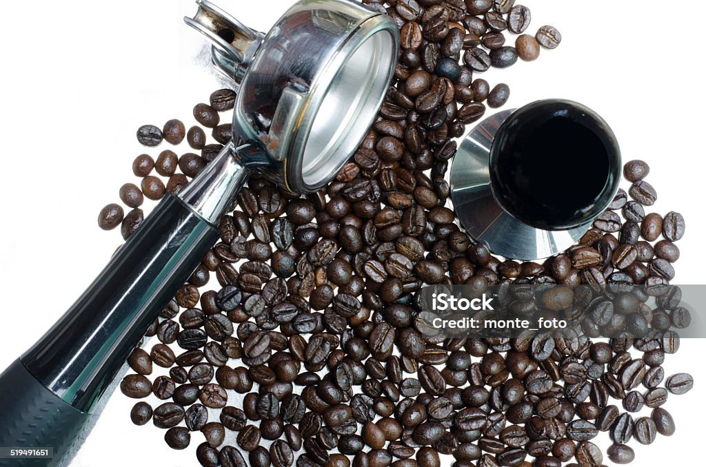 porfilter and tamper coffee machine porfilter and tamper coffee machine with beans white background Anger Stock Photo