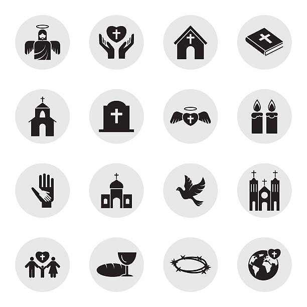 chrześcijaństwo religia zestaw ikon - praying bible church human hand stock illustrations