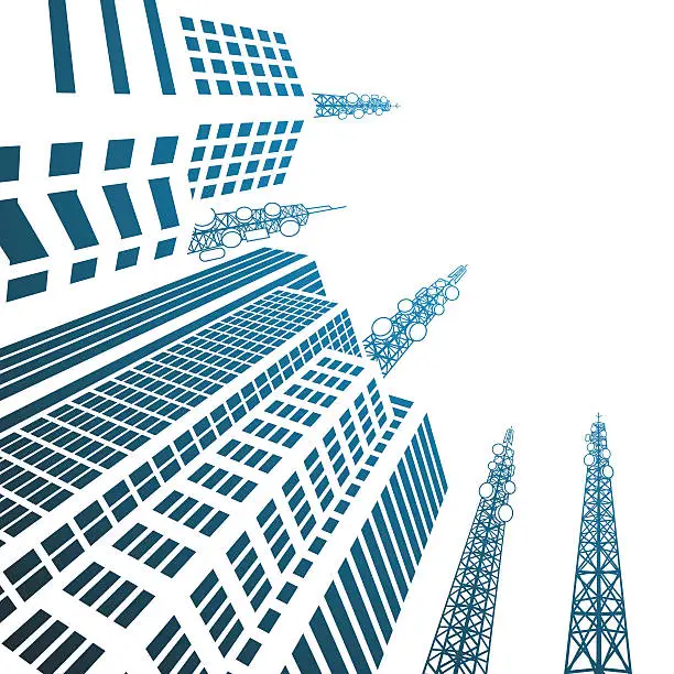 Vector illustration of Antennas on buildings in the city