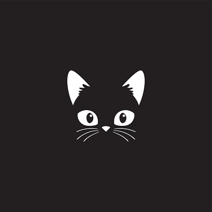 Simple cartoon cat icon on a black background. Vector Illustration.