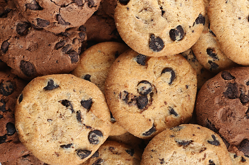 Cookies with chocolate chip assorted. Close up background. Top view.