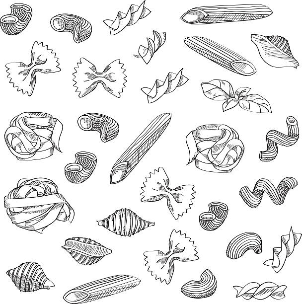 ilustraciones, imágenes clip art, dibujos animados e iconos de stock de fondo dibujado a mano dibujo de pasta - cooking mediterranean illustrations