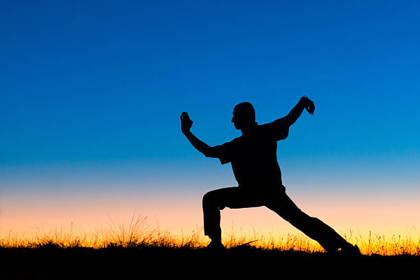 Man performs Tai Chi sport under blue sky at dusk. Tai Chi is a old Chinese martial art practiced for both its defense training and its health benefits. Its full name is Tai Chi Chuan. Tai Chi is a meditation sport for many people living in the modern world. It is similar to kung fu; judo; aikido; taekwondo; Yoga; etc.