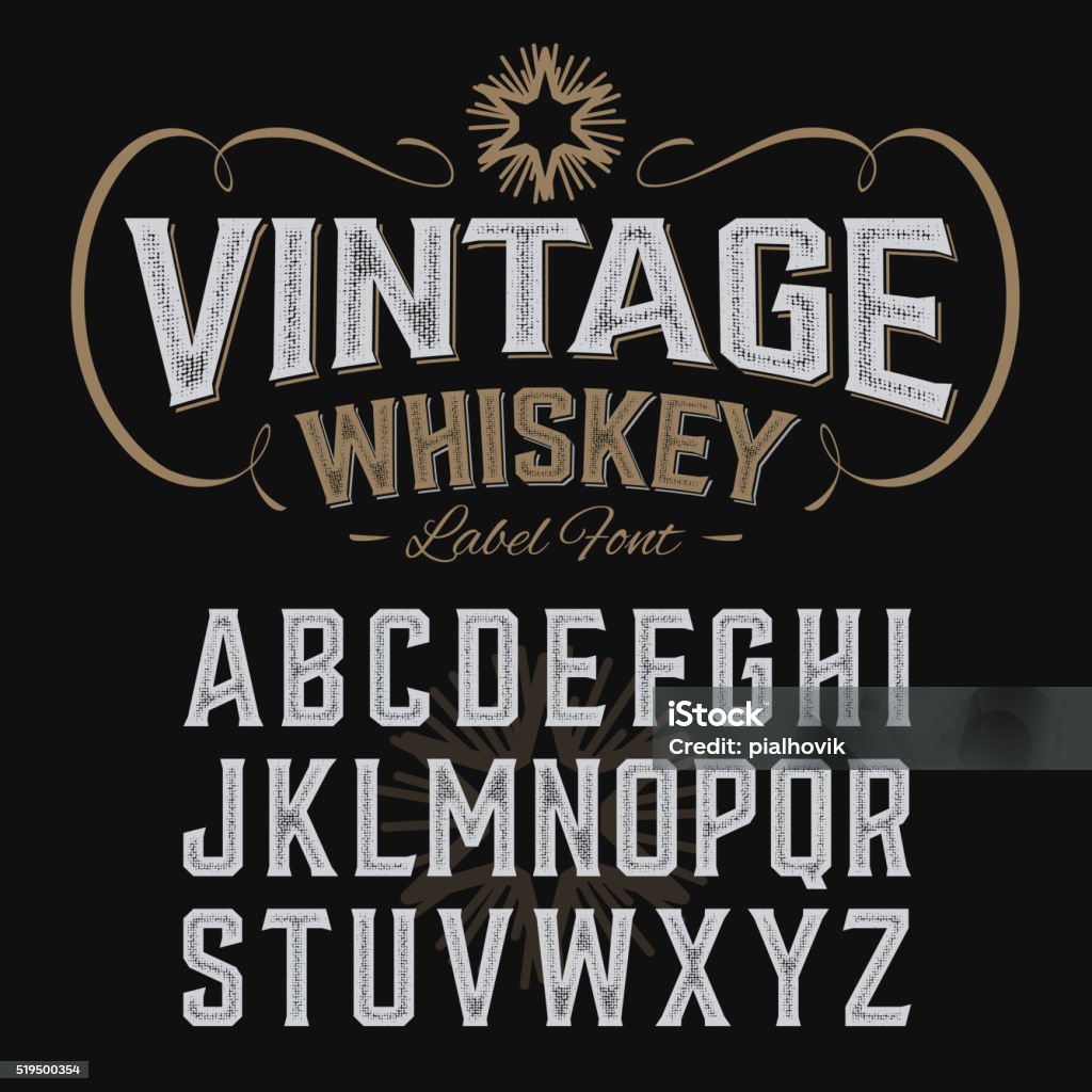 Vintage whiskey label font with sample design Vintage whiskey label font with sample design. Ideal for any design in vintage style. Vector illustration with transparent effect, eps 10. Typescript stock vector