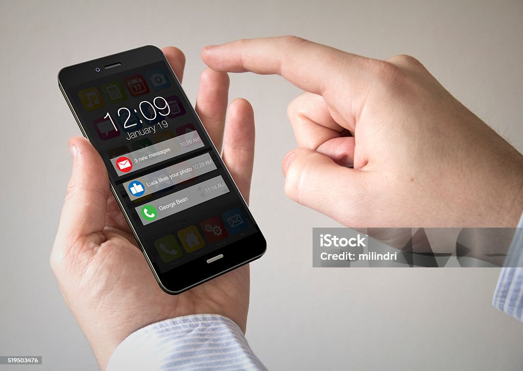 touchscreen smartphone with notifications on the screen Close up of man using 3d generated mobile smart phone with notifications on the screen. Screen graphics are made up. Pushing Stock Photo