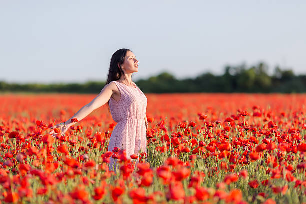 istock Girl at blooming poppy field 519504638