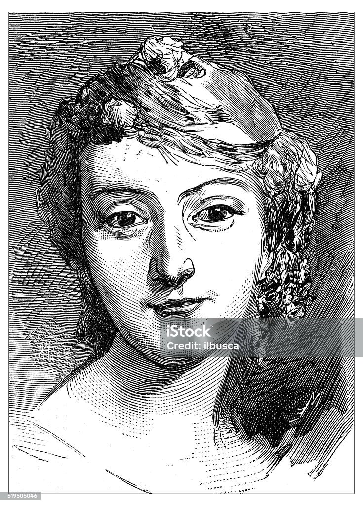 Antique illustration of portrait of 19th century French opera singer Antique illustration of portrait of a very beautiful 18th century French opera singer called Mademoiselle Fel (Marie Fel), portrayed by the 18th century French painter Maurice Quentin de la Tour (here in an engraving from the pastel ofde La Tour made by Leveille Engraved Image stock illustration