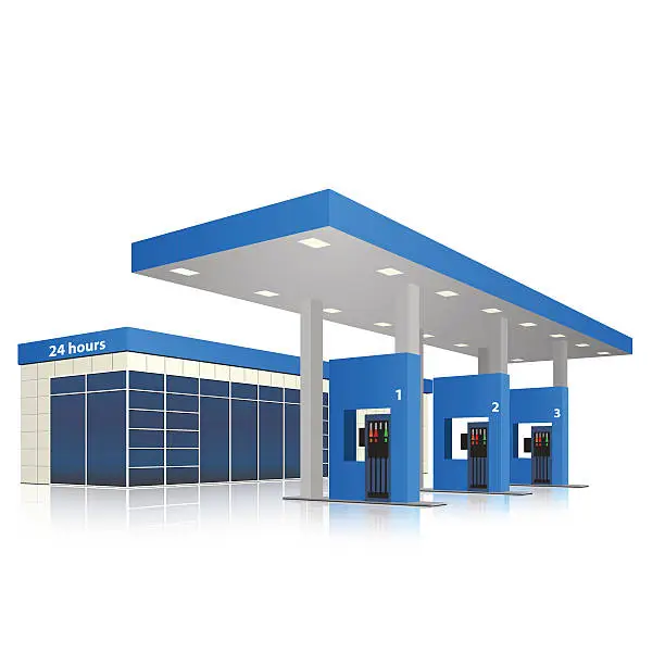Vector illustration of petrol station with a small shop and reflection