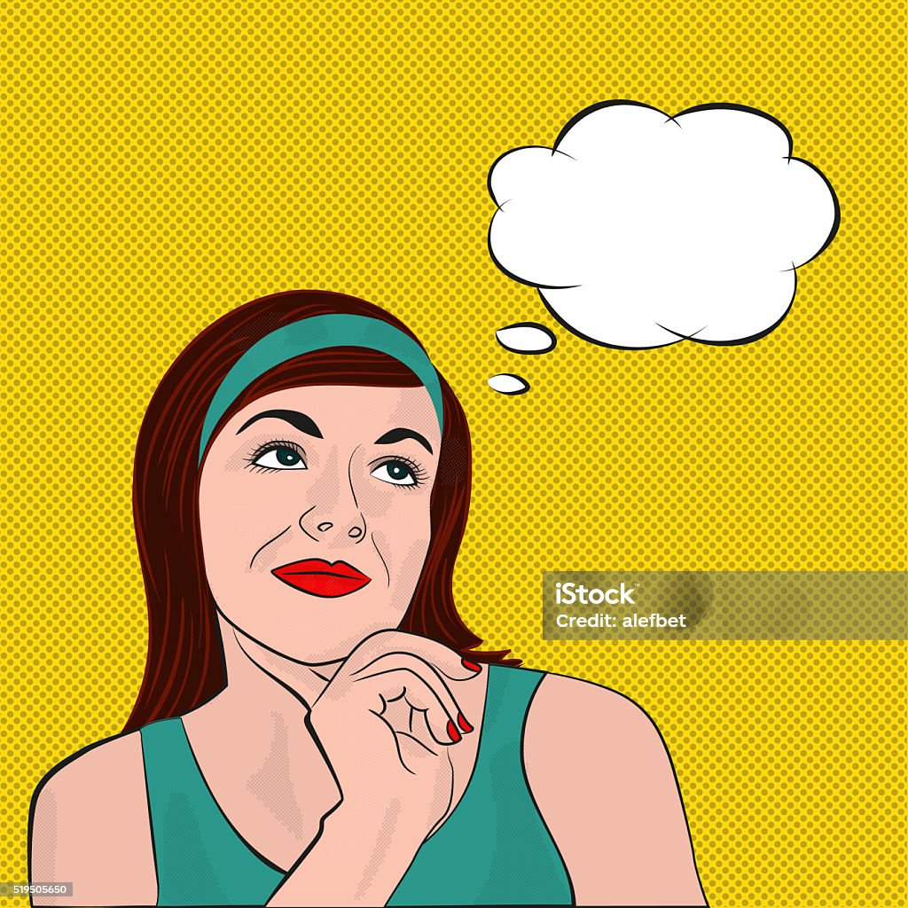 Brunette girl dreaming, pop art Young woman brunette in green dress dreaming. Pop art with the speech bubble on yellow background. Raster illustration in comic style Adult stock illustration