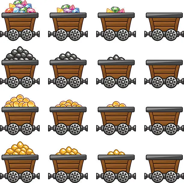 Vector illustration of Mine cart set gold sone coins diamonds