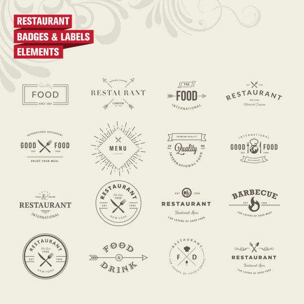 ilustrações, clipart, desenhos animados e ícones de conjunto de emblemas e etiquetas elementos para restaurante - computer icon symbol quality control elegance