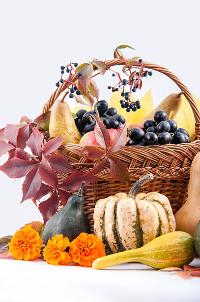 istock Autumn and Thanksgiving concept. Seasonal fruit and pumpkins in basket 519511607