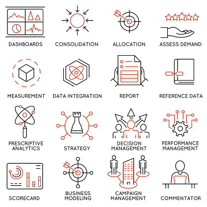 Vector set of 16 icons related to business management, strategy, career progress and business process. Mono line pictograms and infographics design elements - part 47