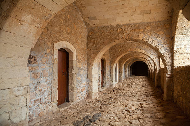 Stone corridor at greek orthodox Arkadi Monastery in Crete Greece