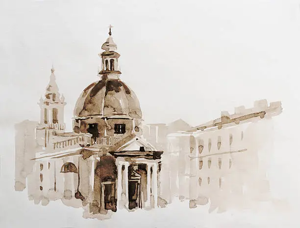 Graphic illustration of Rome. Italy. Poster Design. Two-color pencil, sepia. Duotone