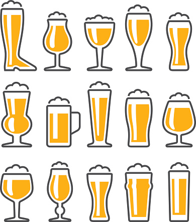 Set of beer glasses icons, a collection of 15 kinds of drinking glasses