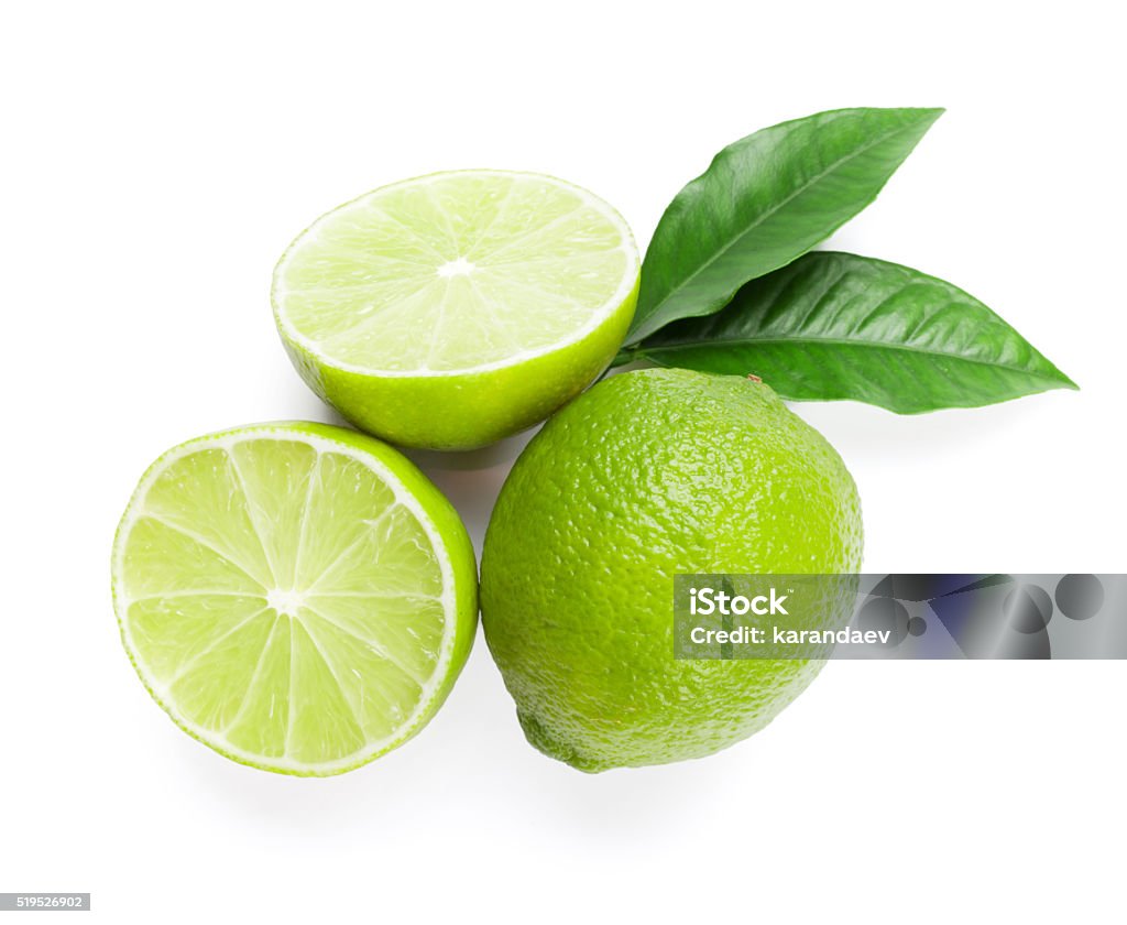 Fresh ripe limes Fresh ripe limes. Isolated on white background. Top view Above Stock Photo