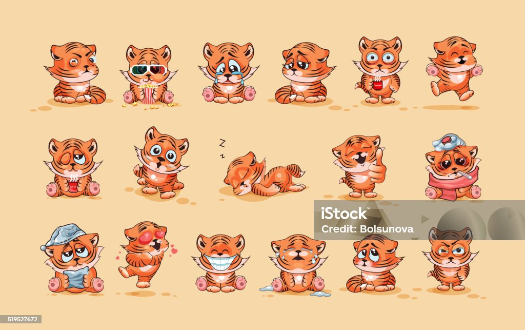 Set of Tiger cubs Set Vector Stock Illustrations isolated Emoji character cartoon Tiger cub sticker emoticons with different emotions for site, infographics, video, animation, website, e-mail, newsletter, report, comic Animal stock vector