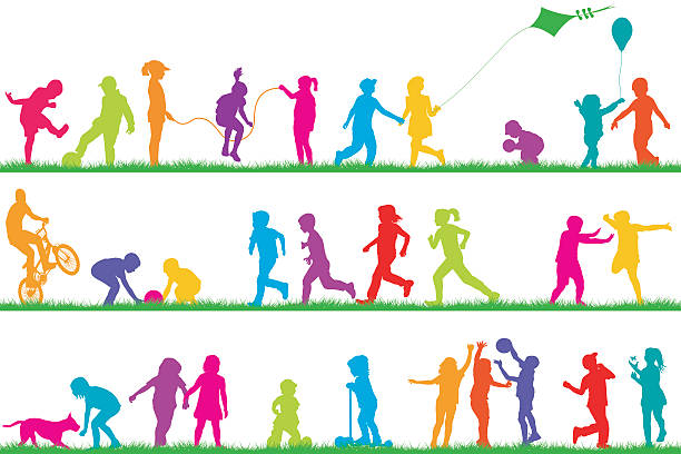 Children playing Set of colored children silhouettes playing outdoor kite toy stock illustrations