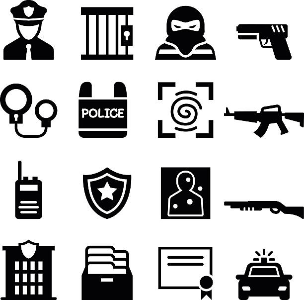 ilustraciones, imágenes clip art, dibujos animados e iconos de stock de icono de policía - jail