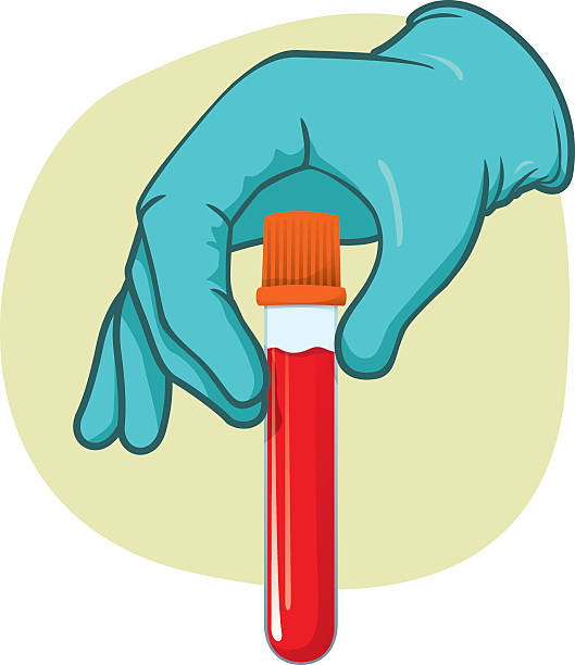 Person hand holding a vial of blood collected for examination Illustration representing a person's hand holding a vial of blood collected to make a battery of laboratory tests.  blood testing stock illustrations
