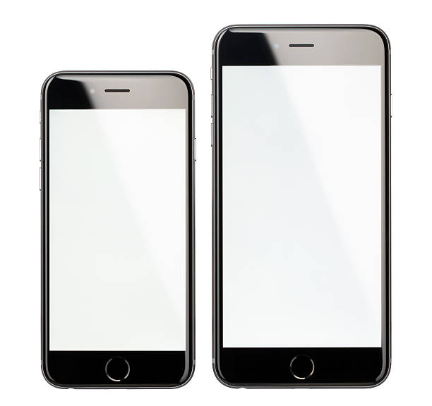 Apple iPhone 6 and 6 Plus Space Gray with Blank Screen Izmir, Turkey - October 16, 2014: Apple iPhone 6 Space Gray and iPhone 6 Plus Space Gray showing the blank screen. Isolated on white background. 2014 stock pictures, royalty-free photos & images