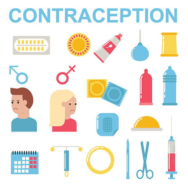 ilustraciones, imágenes clip art, dibujos animados e iconos de stock de modernos tipos de métodos anticonceptivos orales de sexo femenino de control de protección - contraceptive condom sex education diaphragm