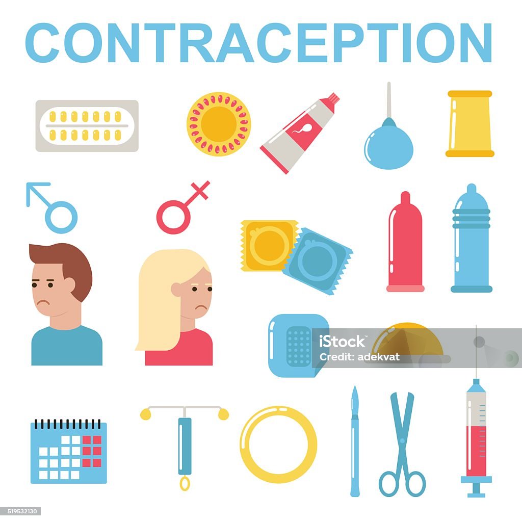 All modern types contraception methods oral sex control female protection Contraception methods square icons set with calendar injection and oral contraception symbols flat vector illustration. All modern types contraception methods oral sex control female protection. Condom stock vector