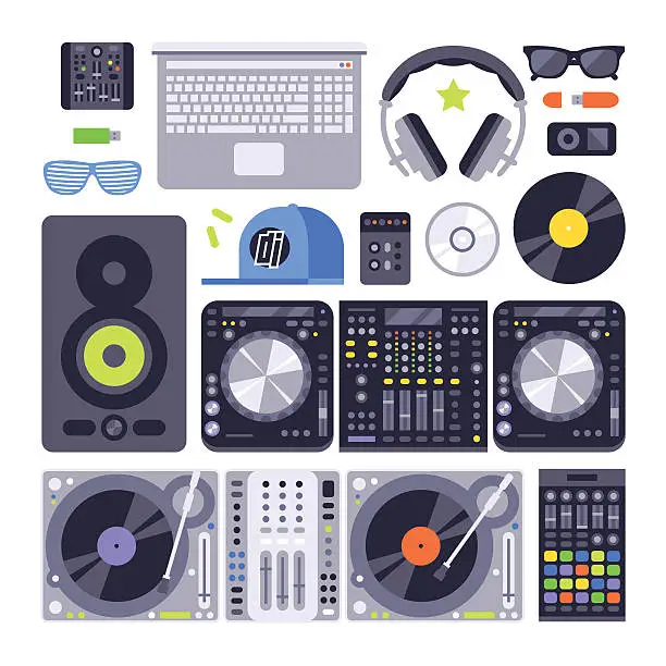 Vector illustration of Vector set various stylized dj music equipment icon nightclub mixing