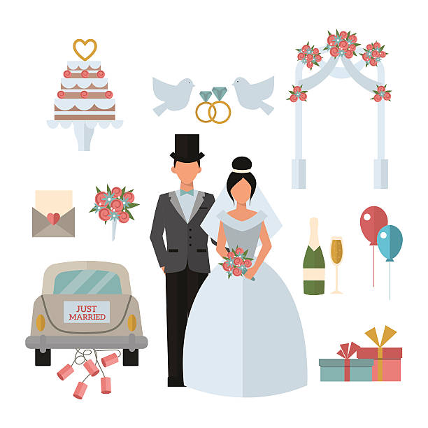 ilustraciones, imágenes clip art, dibujos animados e iconos de stock de símbolos de boda novia novio casado par, vectoriales matrimonio de grasa - cake old fashioned gift women