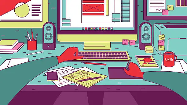 Vector illustration of Designer at work. Workplace.