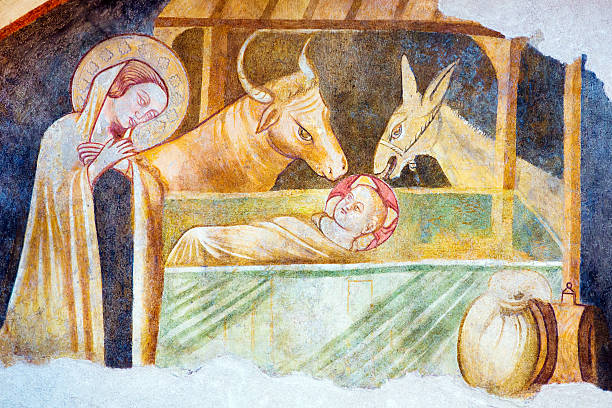 Medieval Nativity Scene This fresco is located in the Church of St. Francis in the town of Gualdo Tadino (Perugia, Italy). The entrance is free and taking photos is allowed in the church. The fresco was painted in the late XVI. century, the painter is unknown. medieval fresco stock pictures, royalty-free photos & images